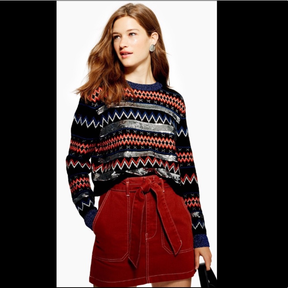 Topshop Sequin Striped Fair Isle Crop Sweater